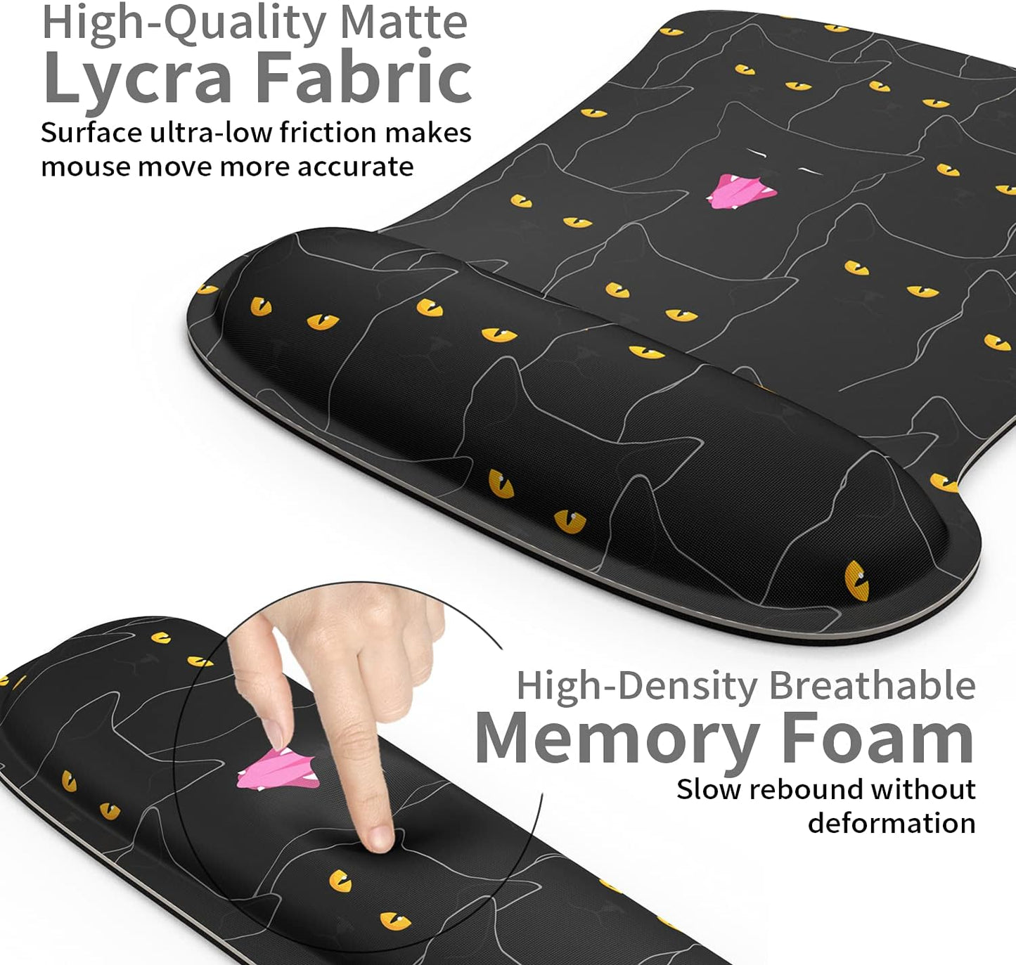 Kawaii Mouse Pad & Keyboard Wrist Rest Support Set Ergonomic Memory Foam Non-Slip Rubber Base Cute Mouse Mat Coaster for Home,Computer,Office Easy Typing and Relieve Wrist Pain - Black Cats