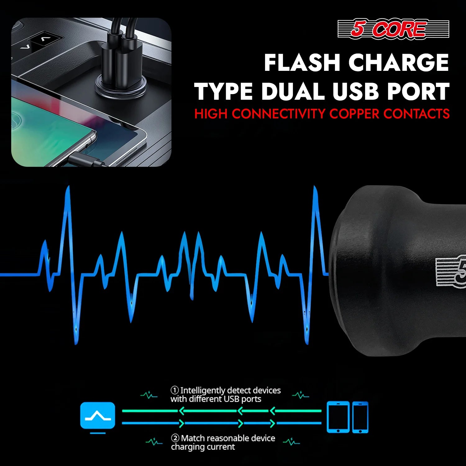 5 Core USB Car Charger Cigarette Lighter Adapter Dual USB Port Adapter 12/24 V Fast Charging