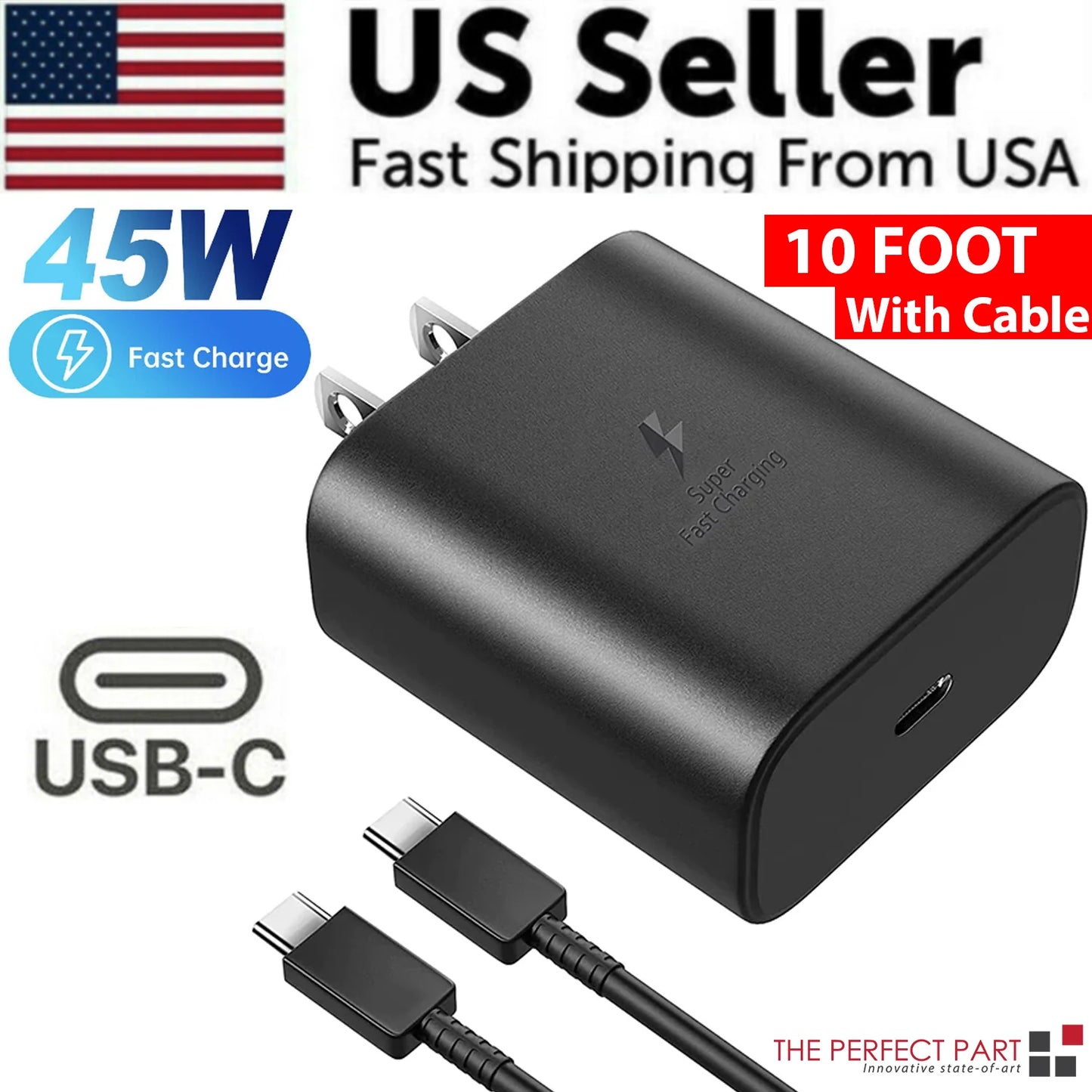 45W USB-C Super Fast Wall Charger 10FT Cable for Samsung Galaxy S20 S21 S22 S23